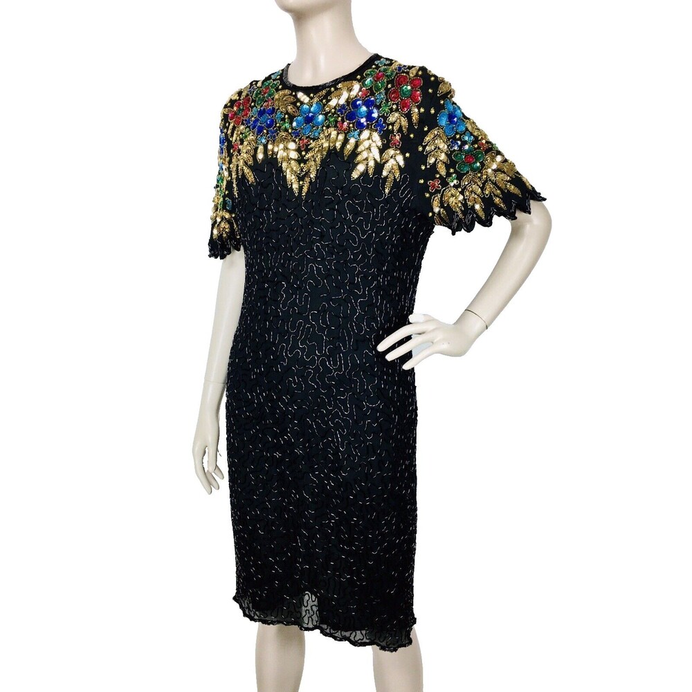 Vintage 80s 100% Silk Beaded Sequined Bright Colored Cocktail Party Dress Carina